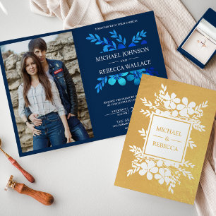 Gold Foil Marine Blue Floral Faire-part de mariage