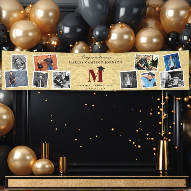 Gold Foil Monogram 10 Multi Foto Graduation Party Banner (Gold Faux Foil Name Monogram 10 Photo Chic Graduation Party Banner @ www.zazzle.com/color_therapy)