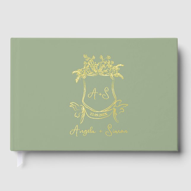 Gold Foil Monogram Sage Green Wedding Guest Book Gästebuch (Vorderseite)