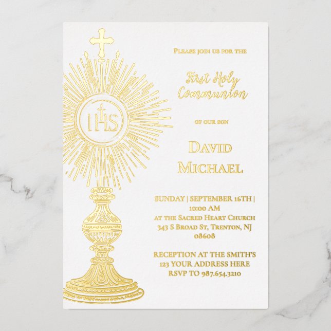 Gold foil monstrance | First Holy Communion Folieneinladung (Vorderseite)