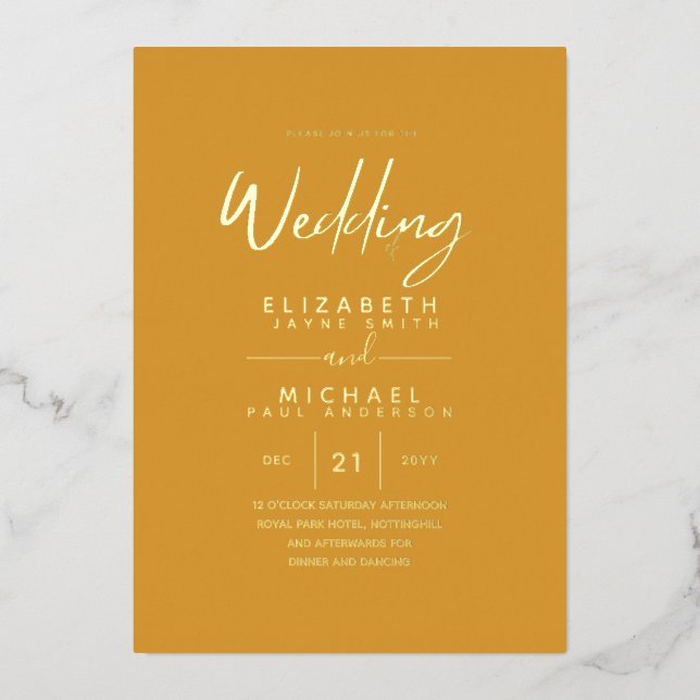 GOLD FOIL Mustard Sunset Modern All-in-1 Wedding Folieneinladung (Vorderseite)