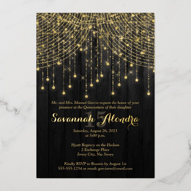 Gold Foil Name - Black, Gold Quinceañera Invite Folieneinladung (Vorderseite)