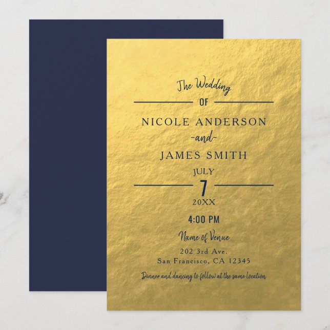 Gold Foil Navy Blue Minimal Clean Classic Wedding Einladung (Vorne/Hinten)