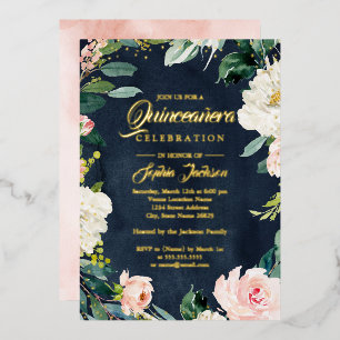 GOLD FOIL Navy Blush Floral Wreath Quinceanera Folieneinladung