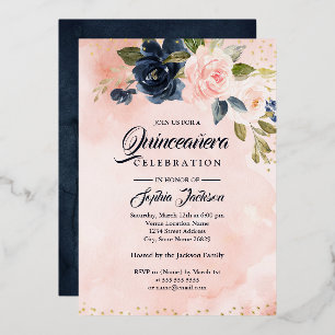 GOLD FOIL Navy Blush Pink Floral Quinceanera Folieneinladung