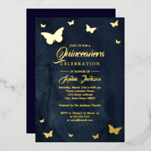 GOLD FOIL Navy Butterfly Quinceanera Foil Folieneinladung