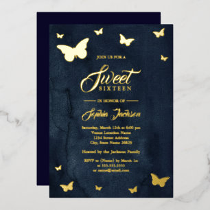 GOLD FOIL Navy Butterfly Sweet 16 Gold Folieneinladung
