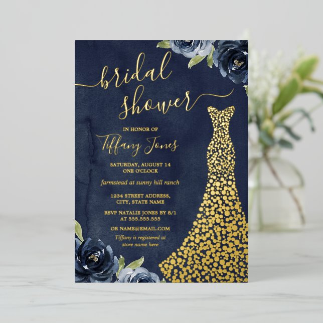 GOLD FOIL Navy Gold Floral Dress Brautparty Folieneinladung (Stehend vorne)