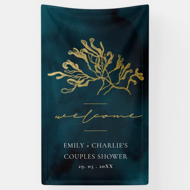 GOLD FOIL NAVY UNDERWASSER SEEWEED COUPLES DUSCHE BANNER (Vertikal)