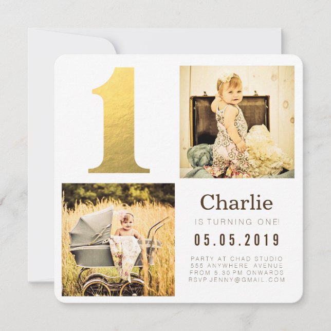 Gold Foil One 1. Geburtstag Foto Cards Einladung (Vorderseite)