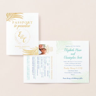 Gold Foil Passport Tropical Wedding Einladung