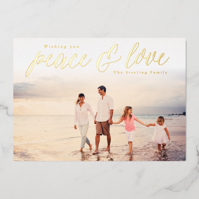 Gold Foil Peace & Love Cartes photos de vacances (Recto)