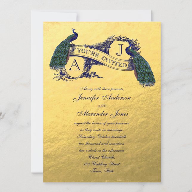 Gold Foil Peacock Vintage Wedding Invitation (Devant)