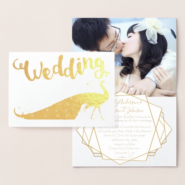Gold Foil Peacock Votre photo Invitations de maria (Affichage)
