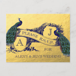 Gold Foil Peacock Wedding RSVP Postcard 2 Einladungspostkarte