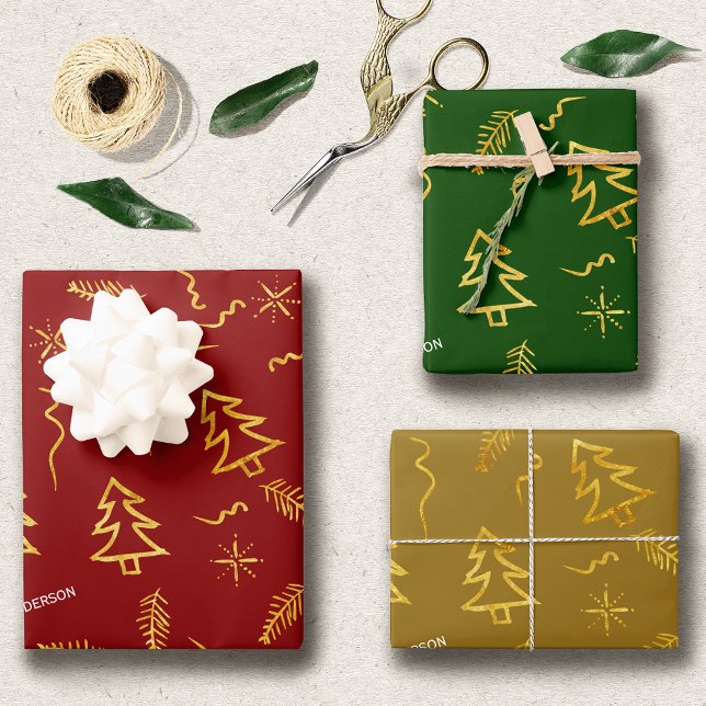 Gold Foil Red Green Weihnachtsbaum Muster Urlaub Geschenkpapier Set (Von Creator hochgeladen)