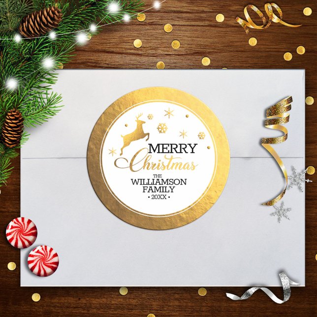 Gold Foil Reindeer Frohe Weihnachten Runder Aufkleber (Von Creator hochgeladen)