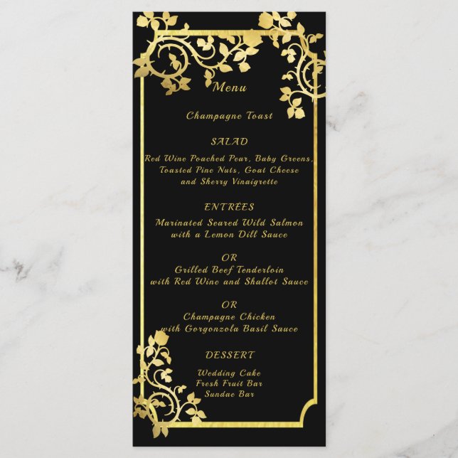 Gold Foil Rose auf Gold-Metallrahmen Menükarte (Vorderseite)