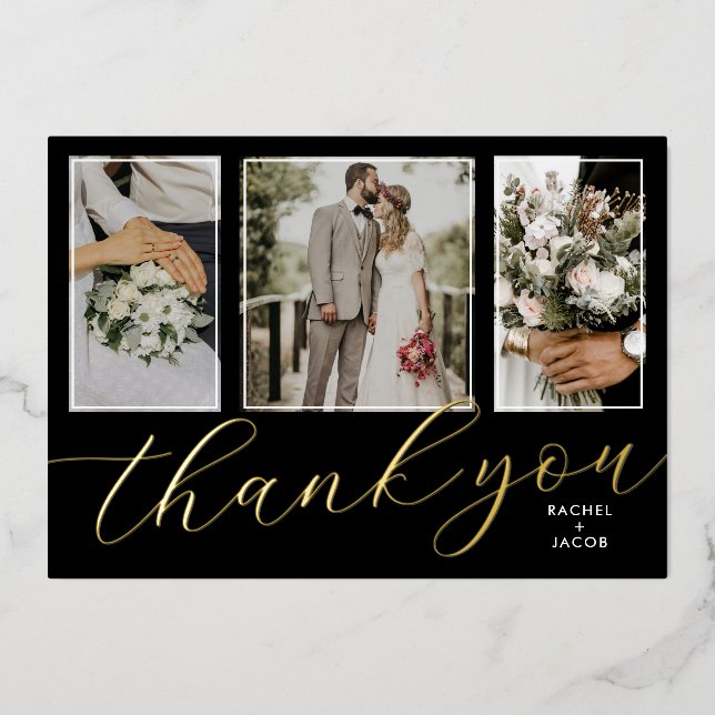 Gold Foil Script 3-Foto Hochzeit Dankeschön Karte (Vorderseite)