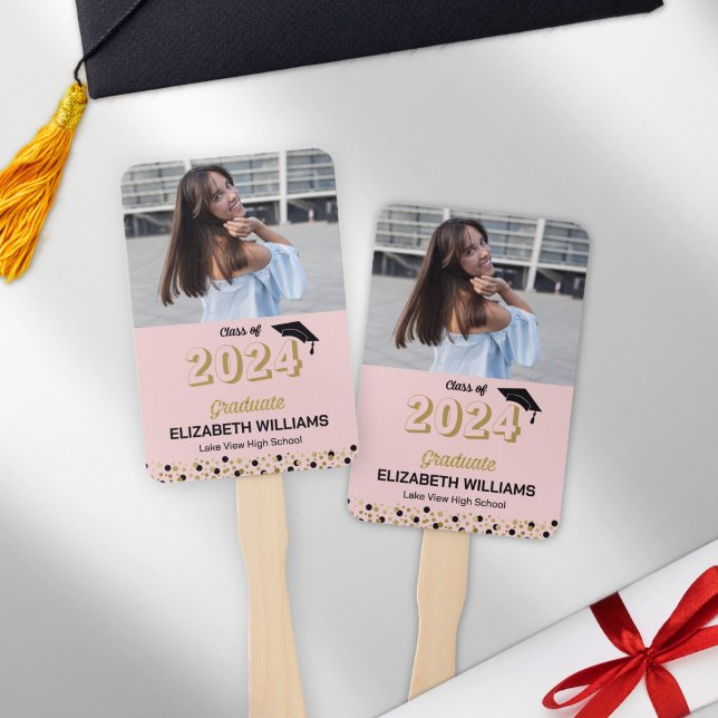 Gold Foil Script Confetti Foto Pink Grad Hand Fan Fächer (Von Creator hochgeladen)