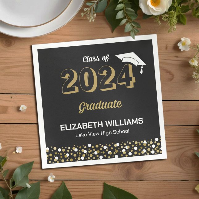Gold Foil Script Confetti Graduation Party Black Serviette (Von Creator hochgeladen)