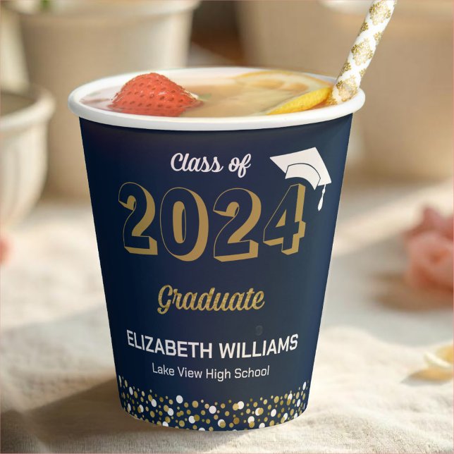 Gold Foil Script Confetti Graduation Party Blue Pappbecher (Von Creator hochgeladen)