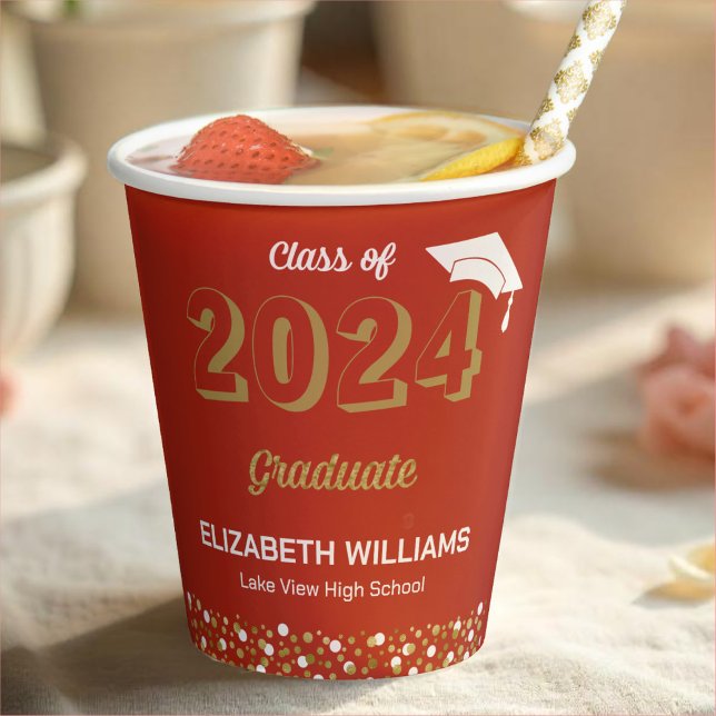 Gold Foil Script Confetti Graduation Party Red Pappbecher (Von Creator hochgeladen)