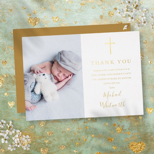Gold Foil Script Taufe Foto Danke Karte (Gold Foil Script Baptism Photo Thank You Card)
