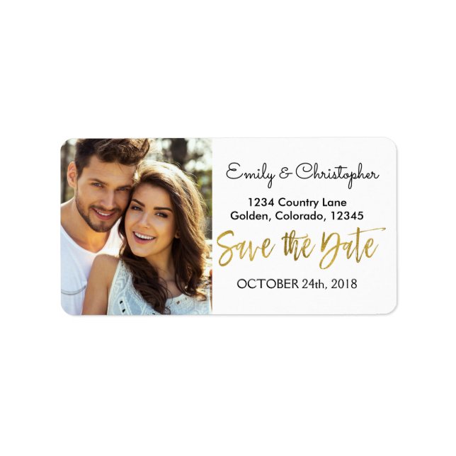 Gold Foil Script Wedding Save the Date Foto Adressaufkleber (Vorne)