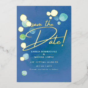 Gold Foil Sea Glass Aquamarin Blue Wedding Date Folieneinladung