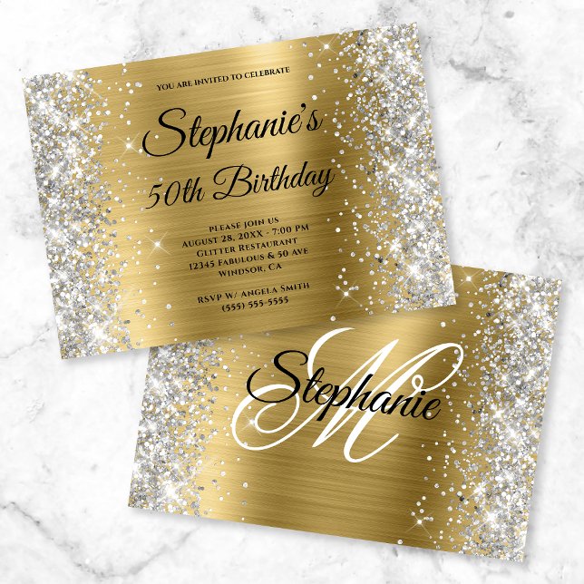 Gold Foil Silver Glitzer Monogram Birthday Einladung (Von Creator hochgeladen)