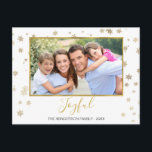 Gold Foil Snowflakes Joyful Christmas Foto Card Feiertagspostkarte<br><div class="desc">Imitats Gold Foil Snowflakes Joyful Christmas - Holiday Foto Card. Das Bild,  das Datum und der Familienname können auf dieser einfachen und eleganten Weihnachtsfotokarte ersetzt werden.</div>