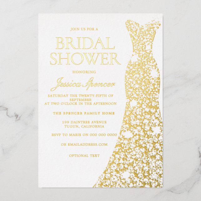 Gold Foil Sparkle Dress Wedding Brautparty Folieneinladung (Vorderseite)