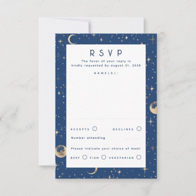 Gold Foil Stars Celestial Wedding RSVP Karte (Vorderseite)