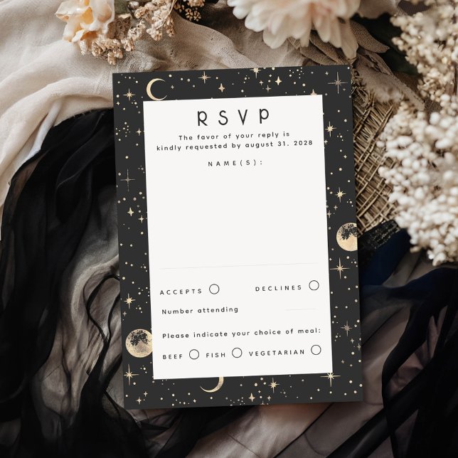 Gold Foil Stars Celestial Wedding RSVP Karte (Black Celestial RSVP Card)