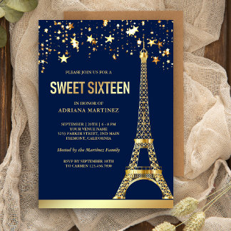 Gold Foil Stars Eiffel Tower Navy Sweet Sixteen Einladung