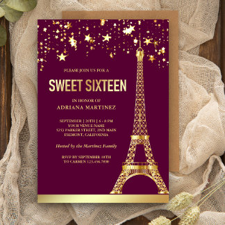 Gold Foil Stars Eiffel Tower Pink 16 . Geburtstag Einladung