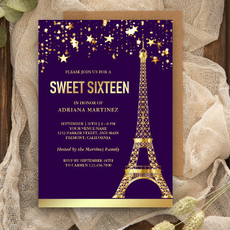 Gold Foil Stars Eiffel Tower Purple Sweet Sixteen Einladung