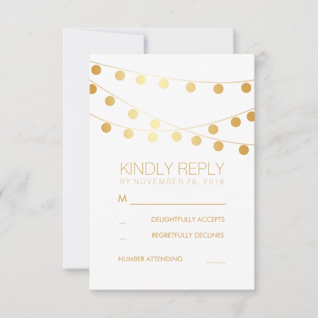 Gold Foil String Lights Moderne Hochzeitsradarkart RSVP Karte (Vorderseite)