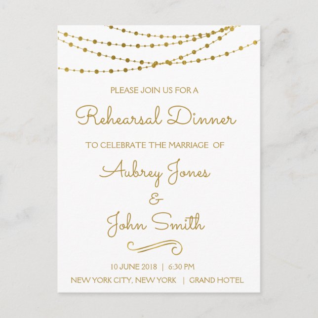 Gold Foil String Lights & Script Probe Dinner Einladungspostkarte (Vorderseite)