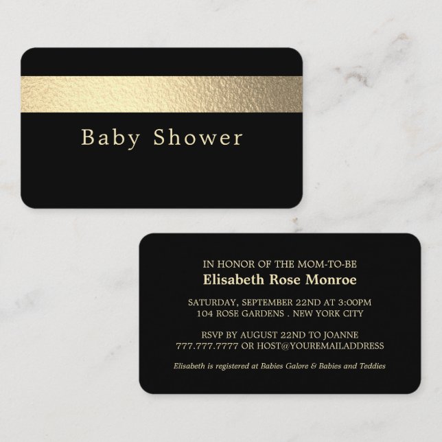 Gold Foil Strip, Jet Black Baby Shower Ticket (Vorne/Hinten)