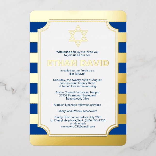 Gold Foil Striped Bar Mitzvah Invitation avec Star (Recto)