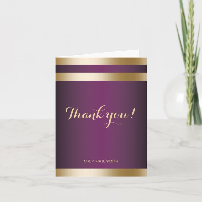 Gold Foil Stripes Élégant Mariage violet Merci (Devant)