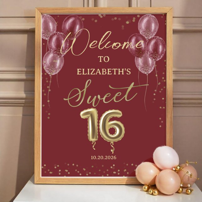 Gold Foil Sweet 16 Ballons Affiche de bienvenue Bo (Créateur téléchargé)