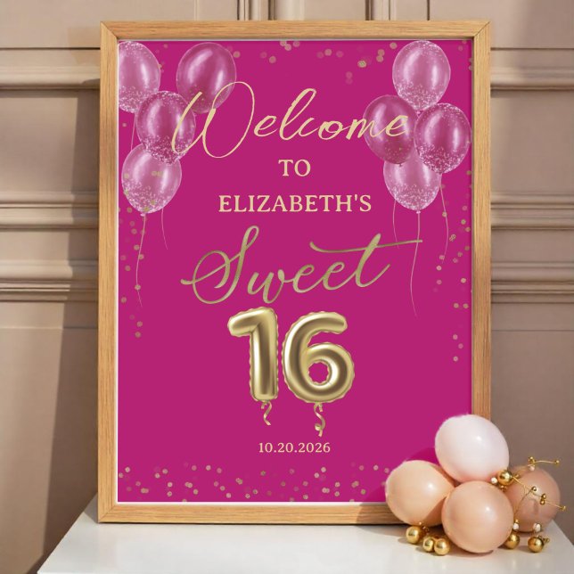 Gold Foil Sweet 16 Ballons Affiche de bienvenue ro (Créateur téléchargé)