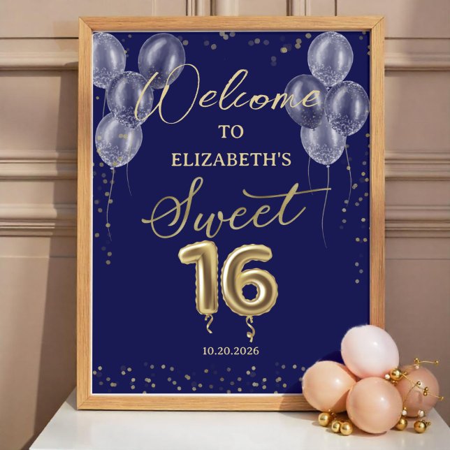 Gold Foil Sweet 16 Balloons Blue Begrüßungszeichen Poster (Von Creator hochgeladen)