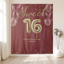 Gold Foil Sweet 16 Balloons Burgund Hintergrund