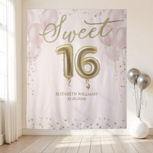 Gold Foil Sweet 16 Balloons Rosa Hintergrund