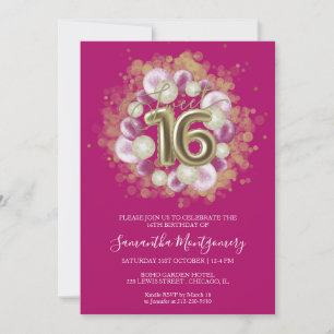 Gold Foil Sweet 16 Bday Balloons Party Hot Pink Einladung