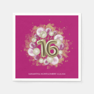 Gold Foil Sweet 16 Bday Balloons Party Hot Pink Serviette